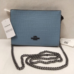 Coach Blue Leather Crocodile Embossed Chain Strap Zipper Crossbody Bag -NWT $298